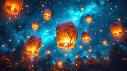 Lanterns in the Night Sky Glowing Lanterns Rise in the Blue Night Sky 
