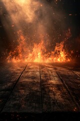 Naklejka premium Intense Flames Engulfing a Wooden Surface Against a Dark, Ember-Filled Background