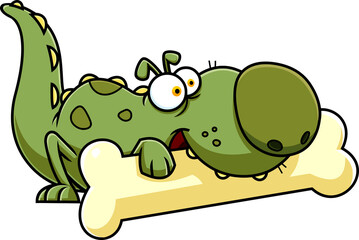Cute Green Dino Dog Cartoon Character Gnawing On Bone. Illustration Isolated On Transparent Background