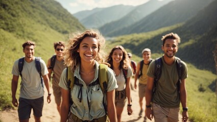 group of happy people walking in the mountains