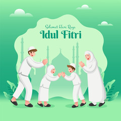 Selamat hari raya Idul Fitri is another language of happy eid mubarak in Indonesian. Cartoon muslim family celebrating Eid al fitr on green background