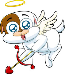 Cute Dog Cupid Cartoon Character With Bow And Arrow Flying. Illustration Isolated On Transparent Background