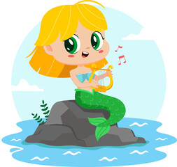 Obraz na płótnie Canvas Cute Little Mermaid Girl Cartoon Character Sitting On A Rock And Plays The Harp. Illustration Isolated On Transparent Background
