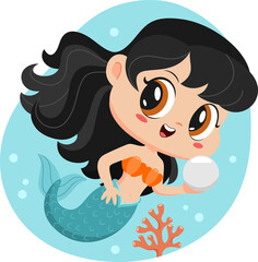 Cute Little Mermaid Girl Cartoon Character Swims Underwater With Big Pearl. Illustration Isolated On Transparent Background