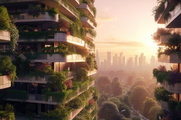 The city of the future with green gardens on the balconies