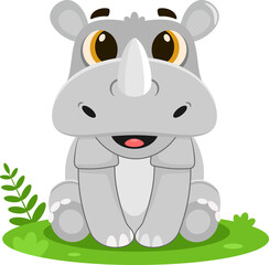 Cute Baby Rhinoceros Animal Cartoon Character. Illustration Isolated On Transparent Background