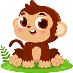 Cute Baby Monkey Animal Cartoon Character. Illustration Isolated On Transparent Background