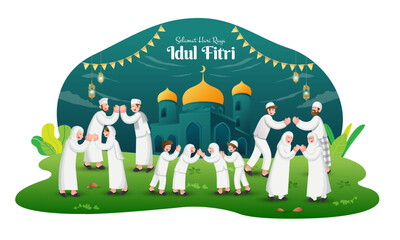 Selamat hari raya Idul Fitri is another language of happy eid mubarak in Indonesian. Cartoon muslim family celebrating Eid al fitr on blue background