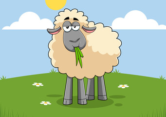 Funny Sheep Cartoon Character Eating A Grass. Illustration Isolated On Transparent Background