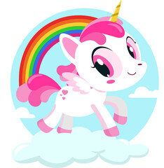 Obraz na płótnie Canvas Cute Magical Baby Unicorn Cartoon Character Running Around Rainbow Over Cloud. Illustration Isolated On Transparent Background