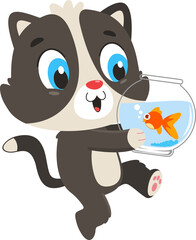 Cute Baby Cat Cartoon Character Running With Aquarium And Fish. Illustration Isolated On Transparent Background