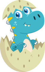 Cute Baby Tyrannosaurus Dinosaur Cartoon Character Hatching From Egg. Illustration Isolated On Transparent Background