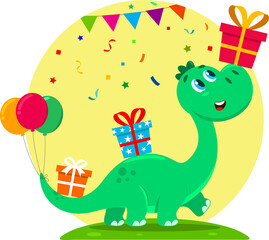 Cute Birthday Dinosaur Cartoon Character Carries On Gift Boxes.Illustration Isolated On Transparent Background