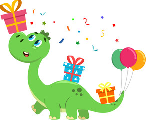 Cute Birthday Dinosaur Cartoon Character Carries On Gift Boxes. Illustration Isolated On Transparent Background