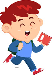 School Boy Cartoon Character Goes To School With A Backpack And A Textbook. Illustration Isolated On Transparent Background