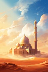 Illustration of a mosque at sunset with a full moon in the background