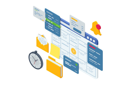 Isometric Business Project Management System. Planning showing tasks and deadlines. Project manager updating tasks and milestones progress planning. Digital Calendar Schedule.
