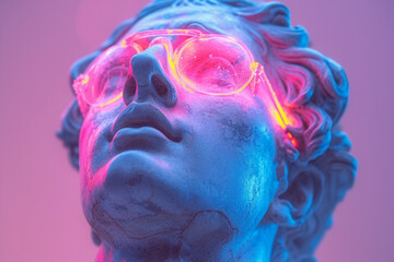 Classic roman Appolo sculpture in neon bright light - 725404885