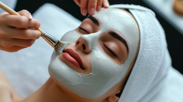 A cosmetologist meticulously applies a moisturizing mask to a young, relaxed, and smiling woman in a spa salon. The close-up portrait showcases the girl client receiving a beauty procedure from the sk