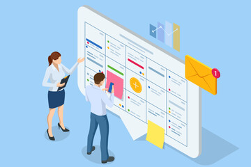 Isometric Business Project Management System. Project manager updating tasks and milestones progress planning. Digital Calendar Schedule.Scrum task board - obrazy, fototapety, plakaty