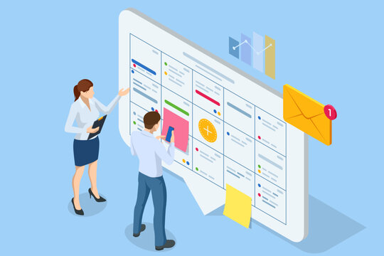 Isometric Business Project Management System. Project manager updating tasks and milestones progress planning. Digital Calendar Schedule.Scrum task board