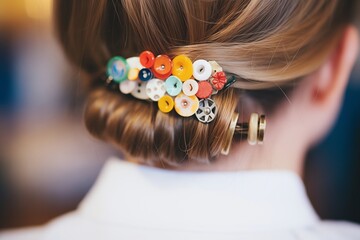 Naklejka premium diy hairpin with buttons and beads in a playful hairdo