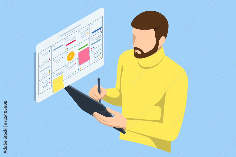 Poster isometric business project management system. scrum task board project manager updating tasks and mi
