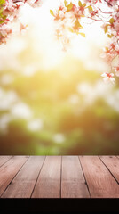 Naklejka na ściany i meble Wooden table spring nature bokeh background, empty wood desk product display mockup with green park sunny blurry abstract garden backdrop landscape ads showcase presentation. Mock up, copy space .