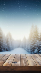 Wooden table snowy trees winter nature bokeh background, empty wood desk product display mockup...