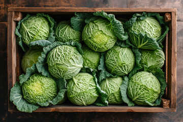 Above view on cabbage in wooden box
