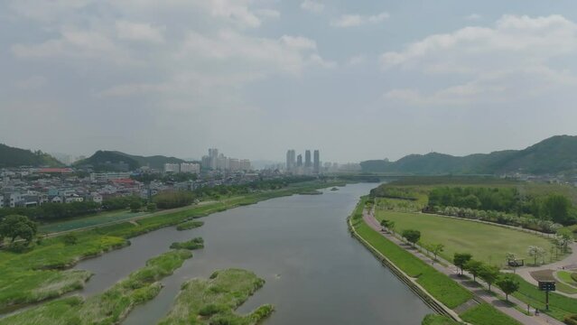 Aerial video of Taehwagang National Garden in Ulsan, South Korea