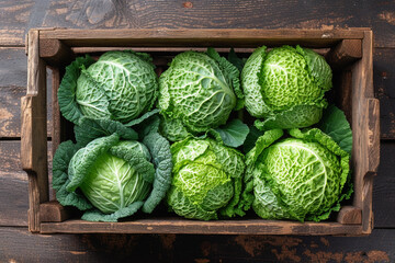 Above view on cabbage in wooden box
