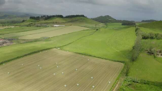 Drone fly over parabolic antenna radio station on cloudy day in Sao Miguel Island, Azores