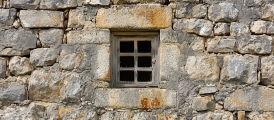 Fototapeta na wymiar Fort with a small window set against a stone wall backdrop.