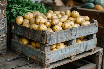 Side view on potatoes in wooden box