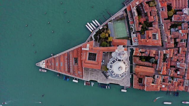 Top down shot of Punta della Dogana and Salute church with Grand Canal, Venice, Italy