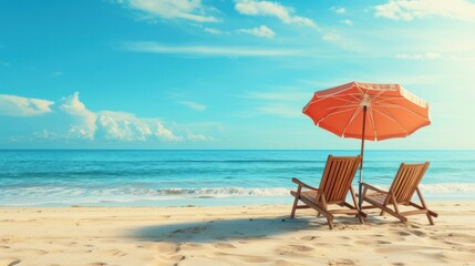 Fototapeta na wymiar Lounge chairs on the beach. beach chair and umbrella, vacation background
