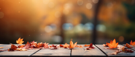Empty blank wooden table fall background with autumn trees orange yellow color leaves backdrop forest or park nature scene abstract blurred bokeh tabletop for product display desk mockup. Copy space .