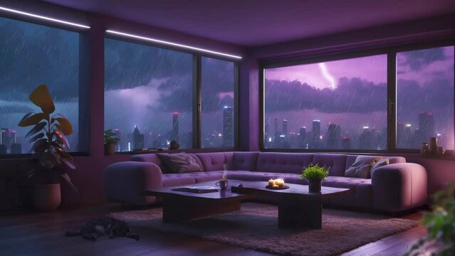 modern living room with sofa, thunderstorm, rain outside. Loop animation, stream overlay background. vtuber asset twitch zoom OBS screen live wallpaper. anime study chill hip hop video.