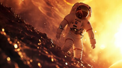 man in space with spacesuit exploring another planet - obrazy, fototapety, plakaty