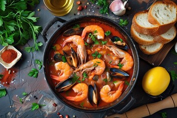 Seafood Medley: Bouillabaisse - A Tapestry of Oceanic Delights, flat lay view