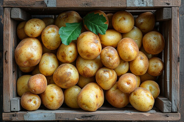 Above view on potatoes in wooden box