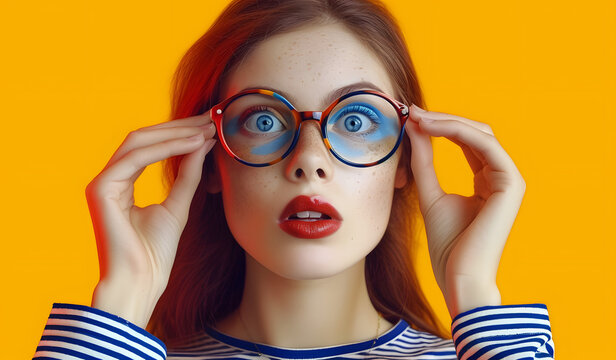 Surprised young woman with red glasses against an orange background.