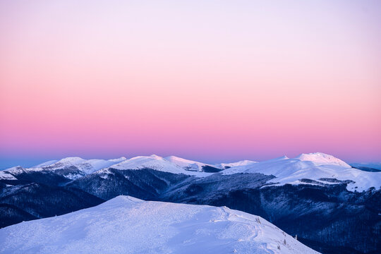 Winter landscape of the Bieszczady Mountains, Poland. A view of the High Bieszczady from the Polonina Carynska.