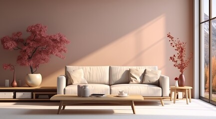 Stylish living room, featuring modern interior design, accompanied by a 3D render and illustration. Made with generative AI technology