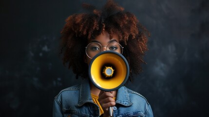 African American girl against black studio background yelling for a good sale deal or discount. Loud and expressive, the angry ethnic woman holds a speaker, making an attention-grabbing announcement - obrazy, fototapety, plakaty
