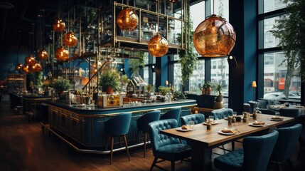 Fototapeta na wymiar Cozy wooden interior of restaurant, copy space. Comfortable modern dining place, contemporary design background.