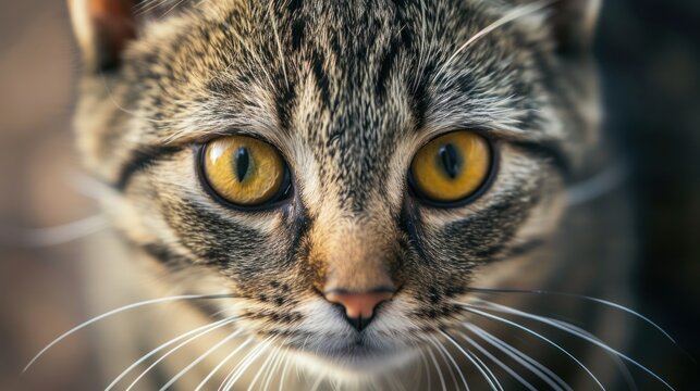 Image of a beautiful gray striped cat close up