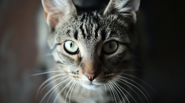 Image of a beautiful gray striped cat close up