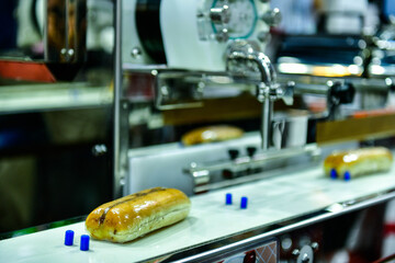 Automatic hamburger buns production line on conveyor belt equipment machinery in factory, industrial food production.